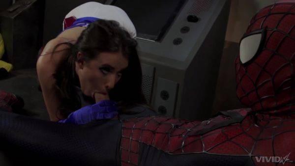 Slender brunette tries Spider man's endless dick in each of her holes - xbabe.com on gratiscinema.com