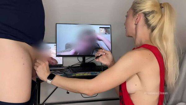 Blonde Anastasia Ocean gives stepmom a close-up view of her husband's big cock on webcam, discussing its impressive size in CFNM action. - veryfreeporn.com on gratiscinema.com