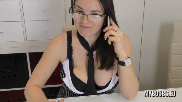 Naughty German MILF with massive natural tits plays with her huge boobs at work - sexu.com - Germany on gratiscinema.com