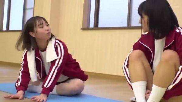 Two beautiful girls in gym clothes lay down a mat and rub and lick the cute breasts of their gymnastics friend - senzuri.tube on gratiscinema.com