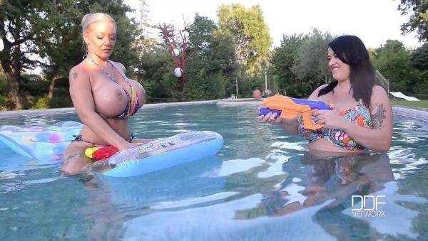 Floating Gazongas: Two British Bombshells With Big Tits In The Pool - porntry.com - Britain on gratiscinema.com